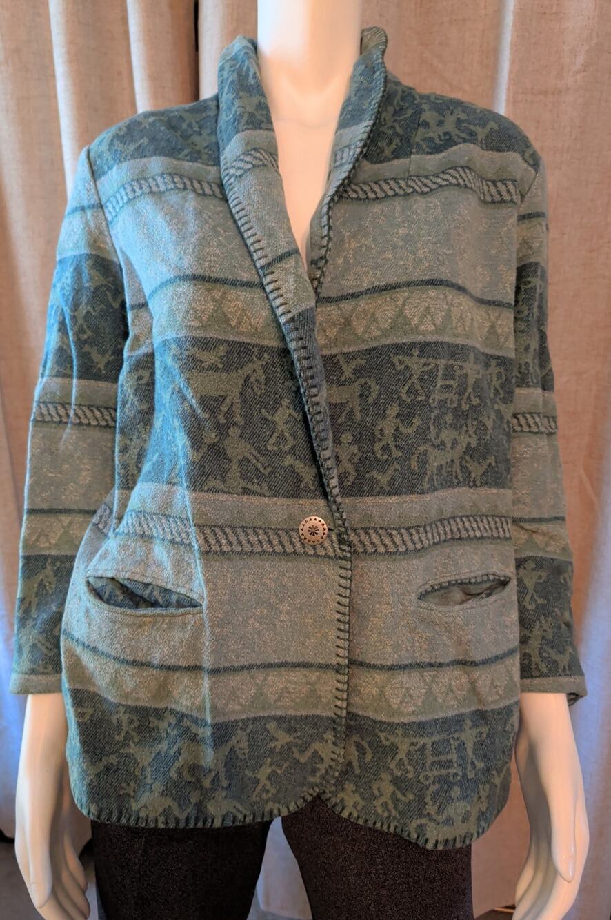 VTG Coldwater Creek Southwest Blanket Jacket Concho-Style Button Green Gray Sz L